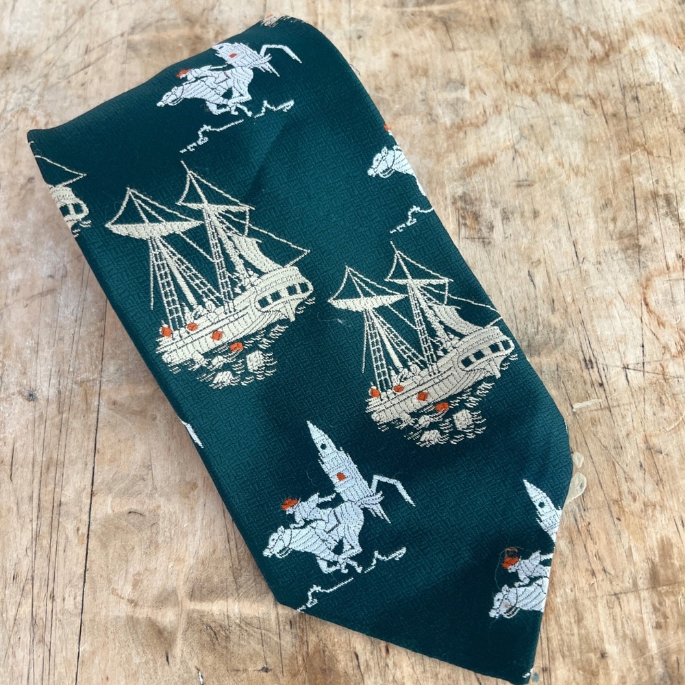 Arco Cravats Necktie OS Mens Vintage Nautical Ship Knight Green Novelty Retro
